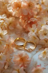 Wedding rings placed on a bed of flowers, suitable for wedding themes