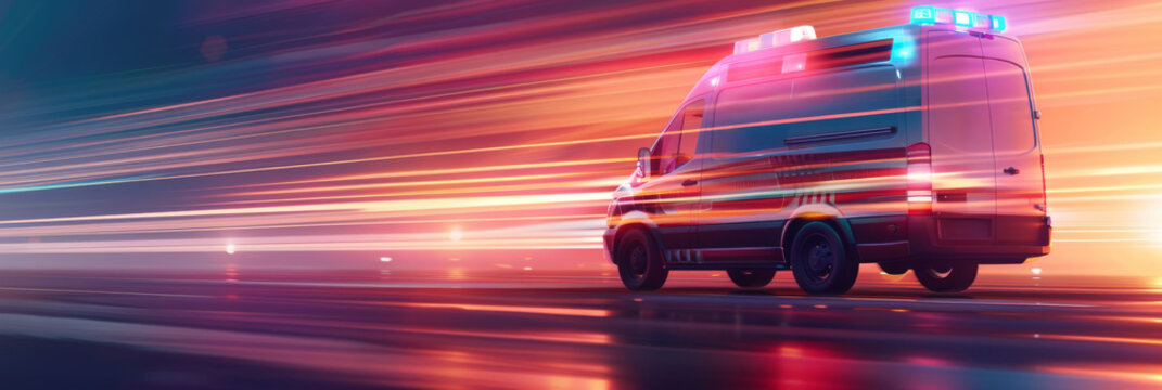 A police van is driving down a road with a bright orange sky in the background by AI generated image