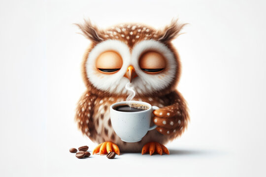 sleepy owl holding cup of coffee isolated on solid white background