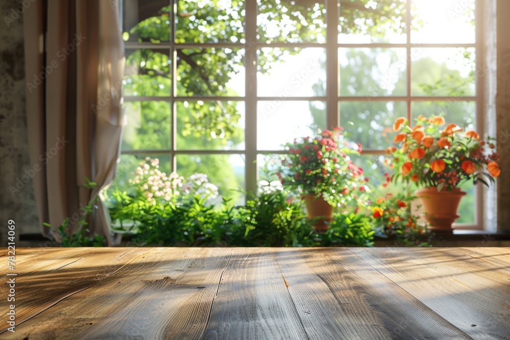 Poster Simple wooden table placed in front of a window, suitable for various interior design concepts