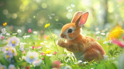 A cute rabbit sitting in a field of colorful flowers. Perfect for nature lovers and animal enthusiasts - obrazy, fototapety, plakaty
