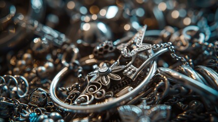 A close up shot of a bunch of silver rings. Ideal for jewelry store promotions