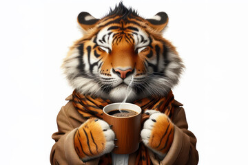 sleepy tiger holding cup of coffee isolated on solid white background