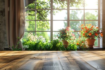 Fototapeta premium Simple wooden table placed in front of a window, suitable for various interior design concepts