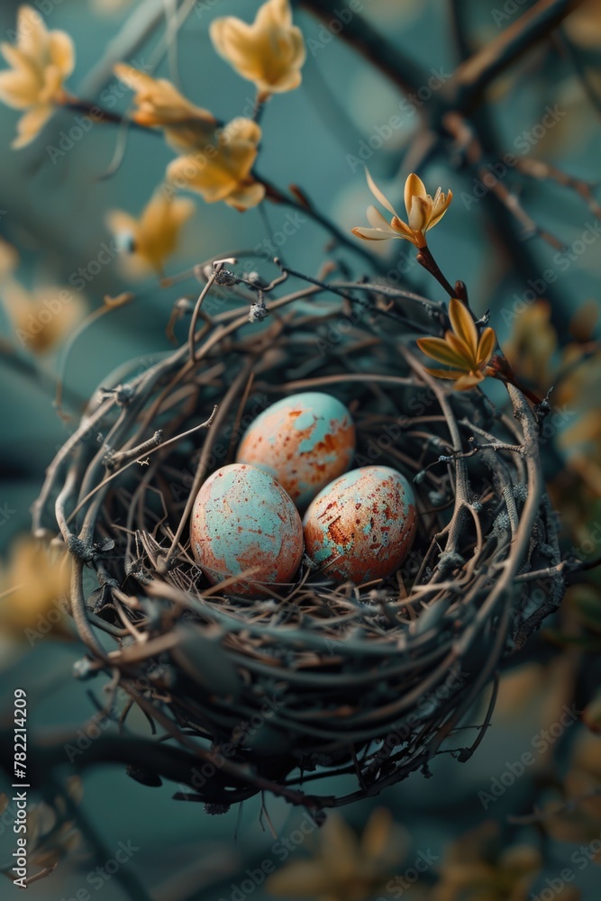 Poster Three eggs resting in a nest on a tree branch, suitable for nature and wildlife themes