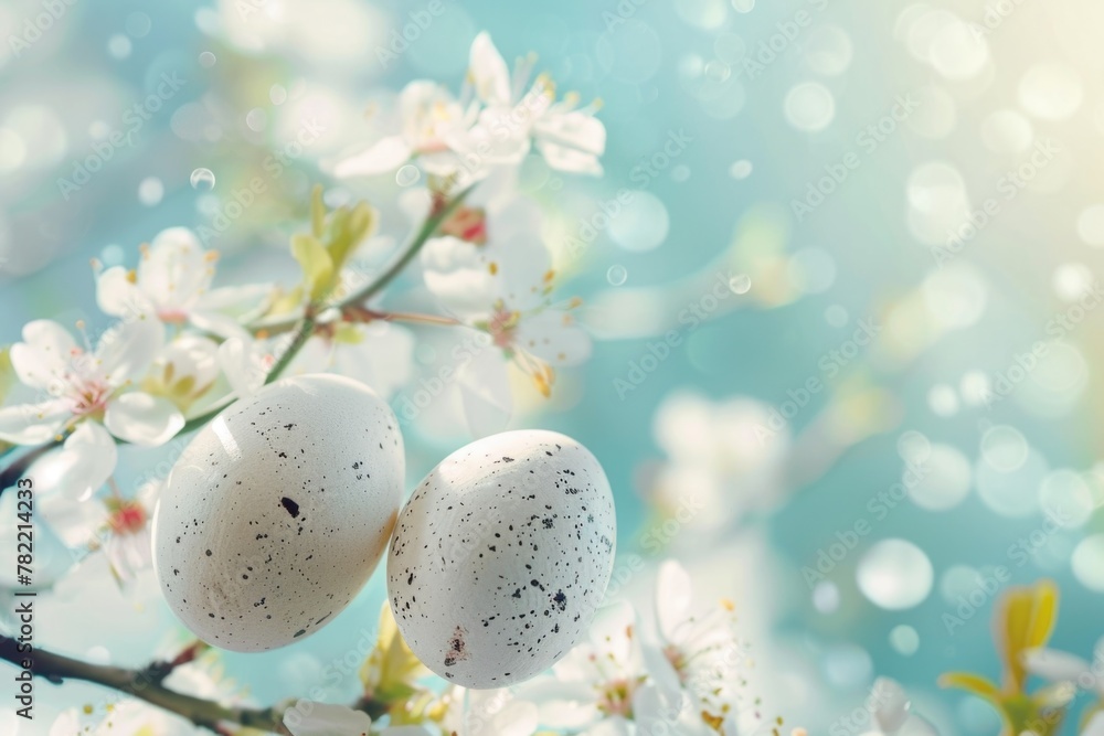 Poster Two white eggs perched on a tree branch, suitable for various concepts and designs
