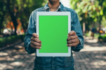 App preview over shoulder of a man holding an ebook with a completely green screen