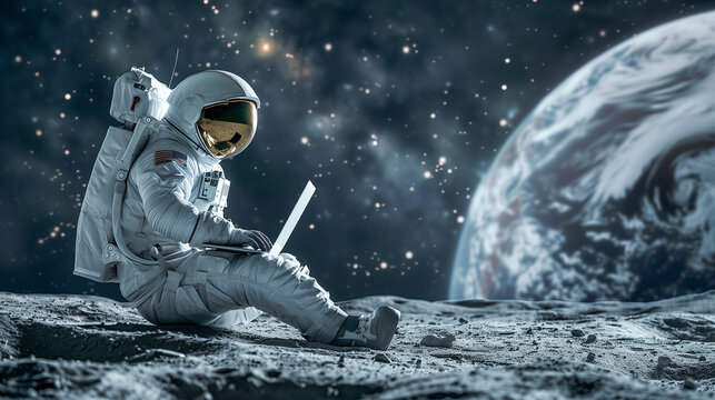 A full body portrait of astronaut sitting on the moon surface and using a laptop.