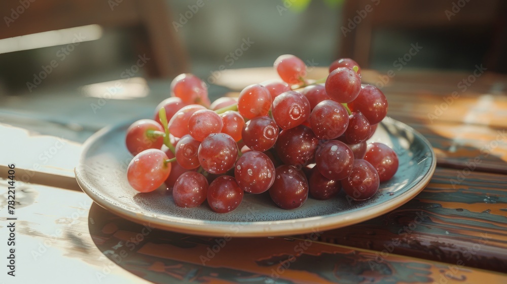 Poster a plate of red grapes on a table. suitable for food and nutrition concepts