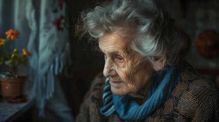 Elderly woman sitting at table looking out window, suitable for retirement concepts