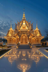 Naklejka premium A golden Buddhist temple with a reflection on the water in front of it.