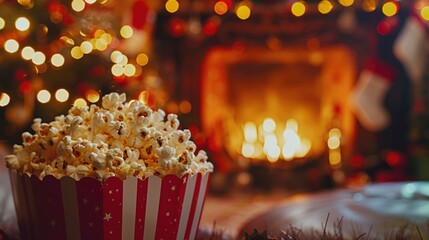 A bowl of popcorn in front of a festive Christmas tree. Perfect for holiday celebrations