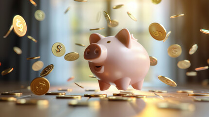 Pink piggy bank with flying coins, financial investment and money saving concept.
