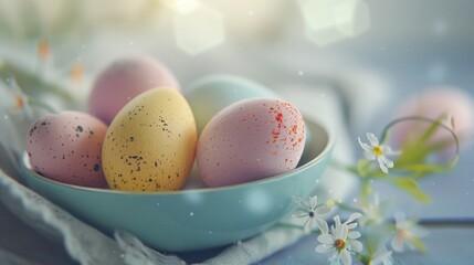 Colorful Easter eggs in a blue bowl, perfect for Easter decorations