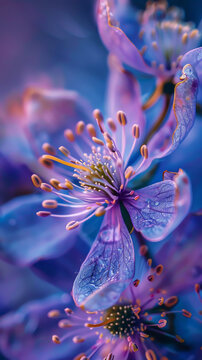 A macro image of a purple flower with water droplets on its petals.