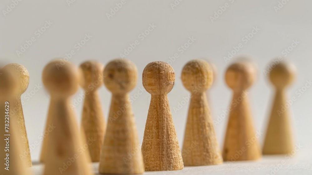 Poster a group of wooden figures standing in a straight line. suitable for business and teamwork concepts