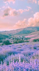 springtime landscape showcasing a quaint village nestled among rolling green hills, with fields of vibrant wildflowers in shades of purple, blue, and yellow