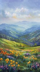 Obraz premium spring background featuring rolling hillsides blanketed in a carpet of golden daffodils and tulips in shades of yellow, orange, and red