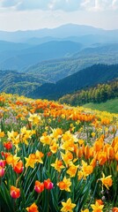 spring background featuring rolling hillsides blanketed in a carpet of golden daffodils and tulips in shades of yellow, orange, and red
