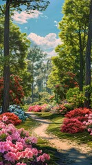 Fototapeta na wymiar springtime scene set in a blooming garden, with winding pathways lined with vibrant azaleas and rhododendrons in shades of coral, magenta, and fuchsia