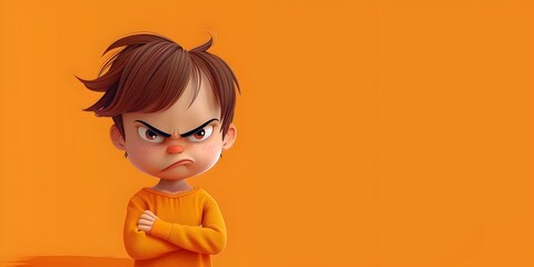 Furious and Frustrated Child Character with Furrowed brows Experiencing a Tempest of tantrum Against Orange Background with Copy Space