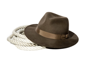 men's wide brimmed high crowned sable fedora hat and a heavy climbing rope  isolated on a white background
