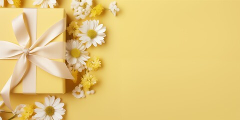 Gift banner frame, photo of a pastel yellow color gift with a white ribbon with flowers on the pastel yellow color background, matte texture