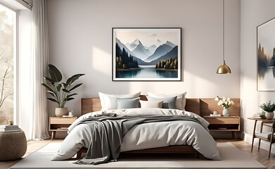 3d render of a mockup frame placed against the backdrop of a cozy bedroom interior light tones dom