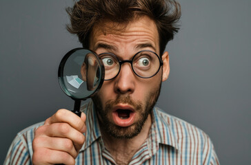 Fototapeta na wymiar A man looking through a magnifying glass, surprised expression on his face against a gray background