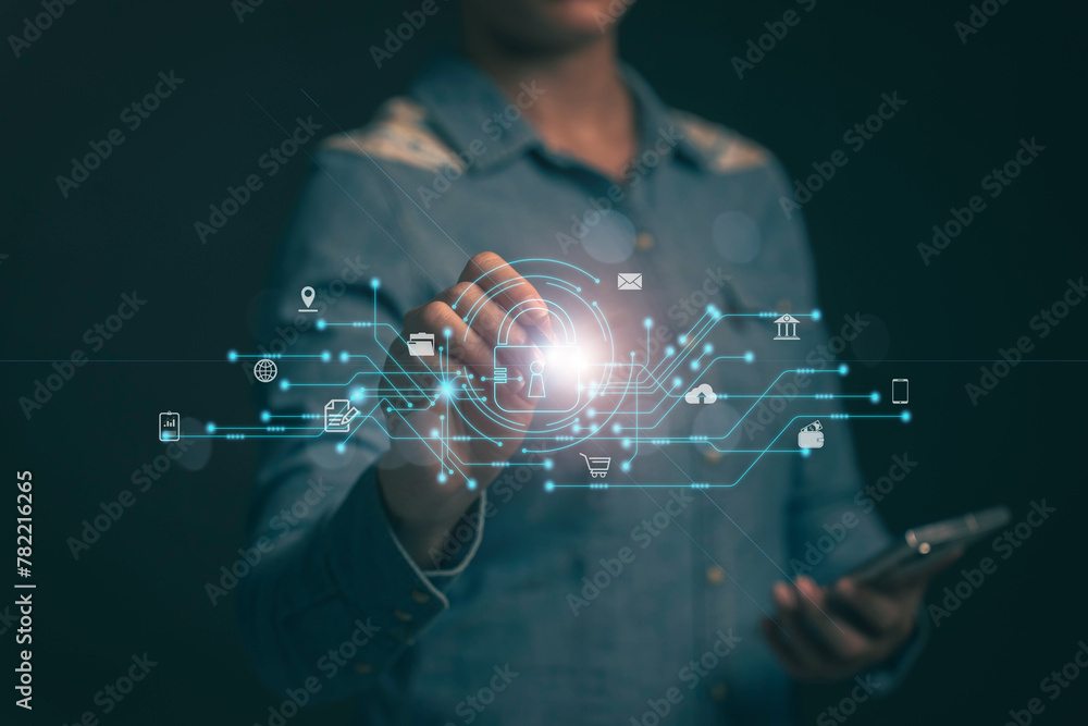 Poster lock icon and internet network security technology. cybersecurity and privacy concepts to protect da