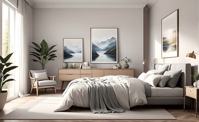 Obraz premium 3d render of a mockup frame placed against the backdrop of a cozy bedroom interior light tones dom