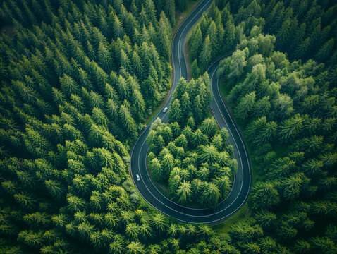 Aerial view of a winding road through a forest