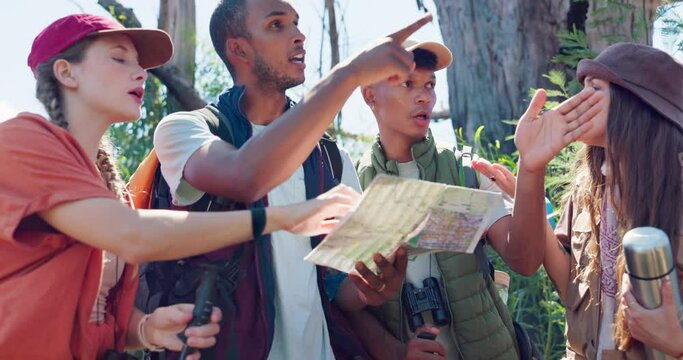 Lost, hiking and map of friends with anger, stress and problem with direction conflict in forest. Navigation, frustrated and young people on adventure and vacation with journey issue from trail plan