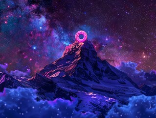 Fototapeta na wymiar A mountain peak with a neon sign of a donut, under the starry night sky