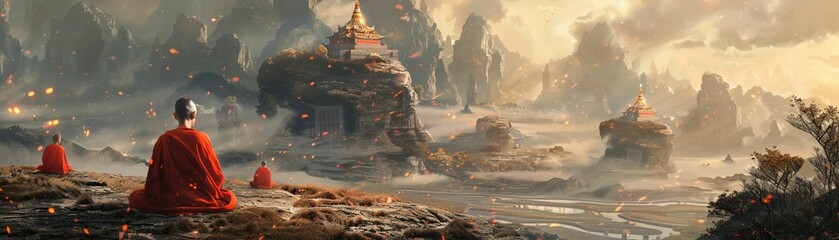A mountain temple where monks meditate with electric donuts - obrazy, fototapety, plakaty
