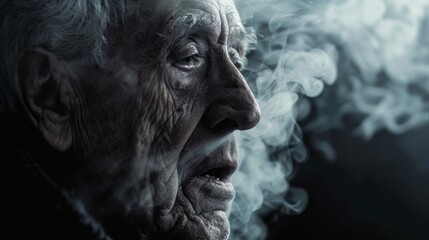 Portrait Old man and smoke from smoking of a man at risk of lung cancer.