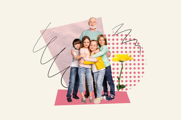 Collage 3d pinup pop retro sketch image of grandparent gather all grand children together isolated...