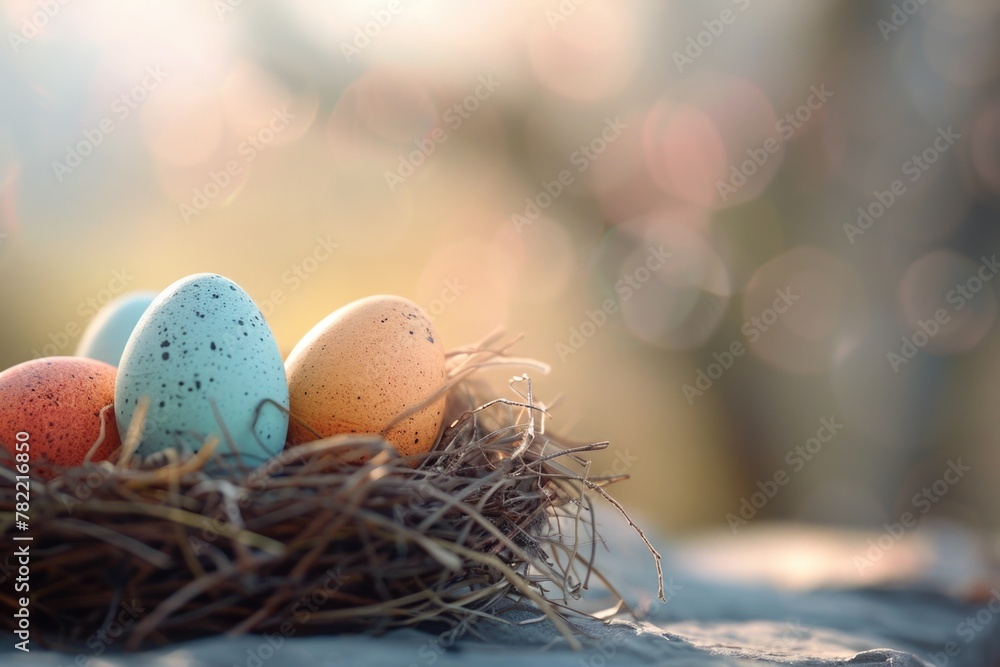 Poster A nest filled with eggs sitting on a table. Perfect for spring and Easter themes