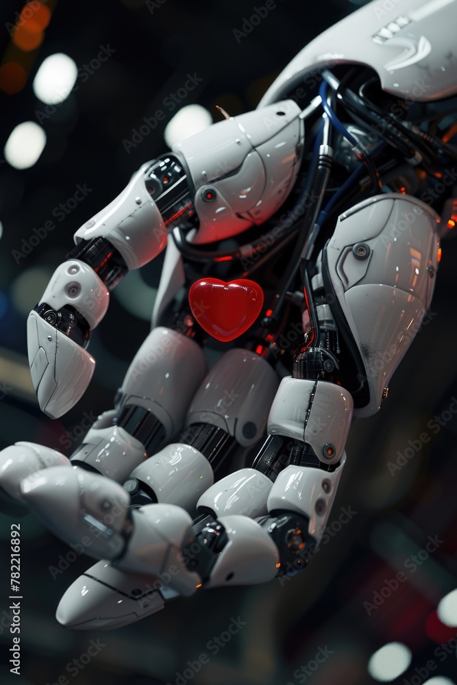Poster a close up of a robot hand with a heart, suitable for technology concepts