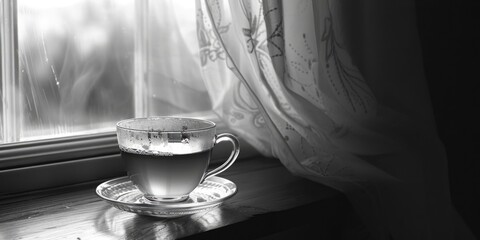 A cup of tea sitting on a window sill, suitable for various cozy and relaxing concepts
