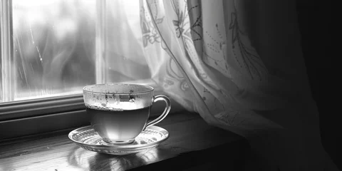 Deurstickers A cup of tea sitting on a window sill, suitable for various cozy and relaxing concepts © Fotograf