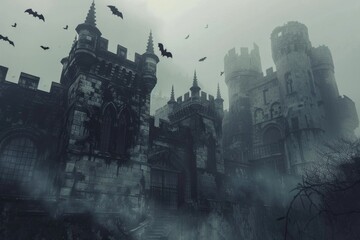 Spooky scene with bats flying around a castle. Perfect for Halloween designs