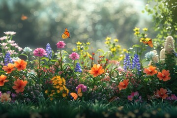 A butterfly is flying in a field of flowers