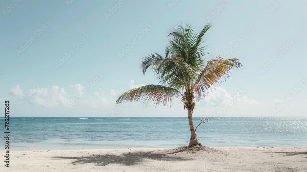 Poster a lone palm tree standing on a sandy beach with the ocean in the background. ideal for travel and va