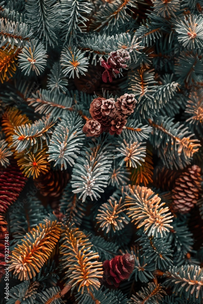 Poster detailed view of pine cones on a tree, suitable for nature themes