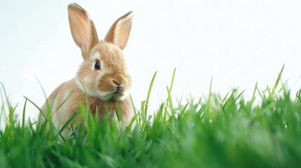 A rabbit sitting in tall grass. Suitable for nature or animal themes