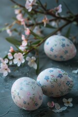Three decorated Easter eggs on a table. Suitable for Easter holiday designs
