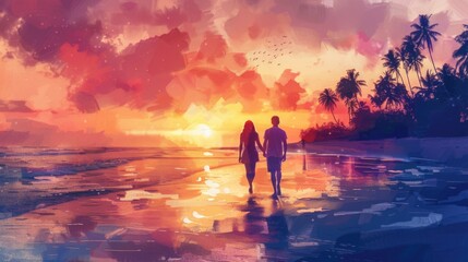 Two people walking on a beach at sunset. Suitable for travel and relaxation concepts