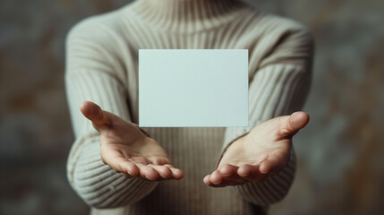 Naklejka premium Create an image of a hand model holding a 5 x 7 inch card, mockup style.