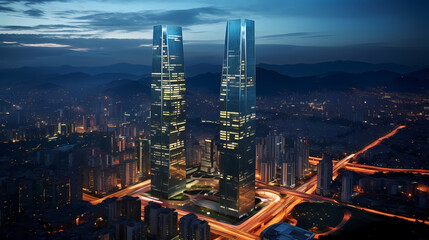 Fototapeta premium Night view of modern city commercial office building